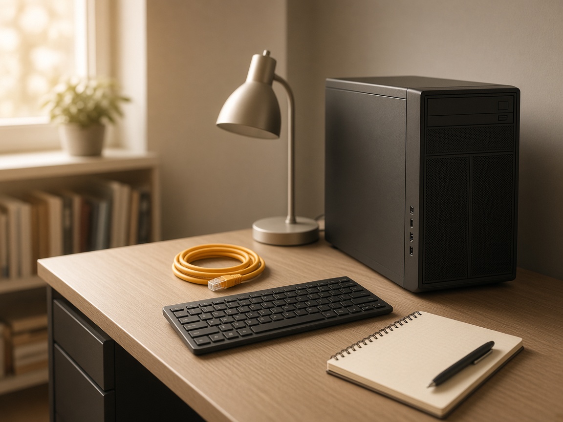 Desktop tower and coiled ethernet cable on a tidy office desk