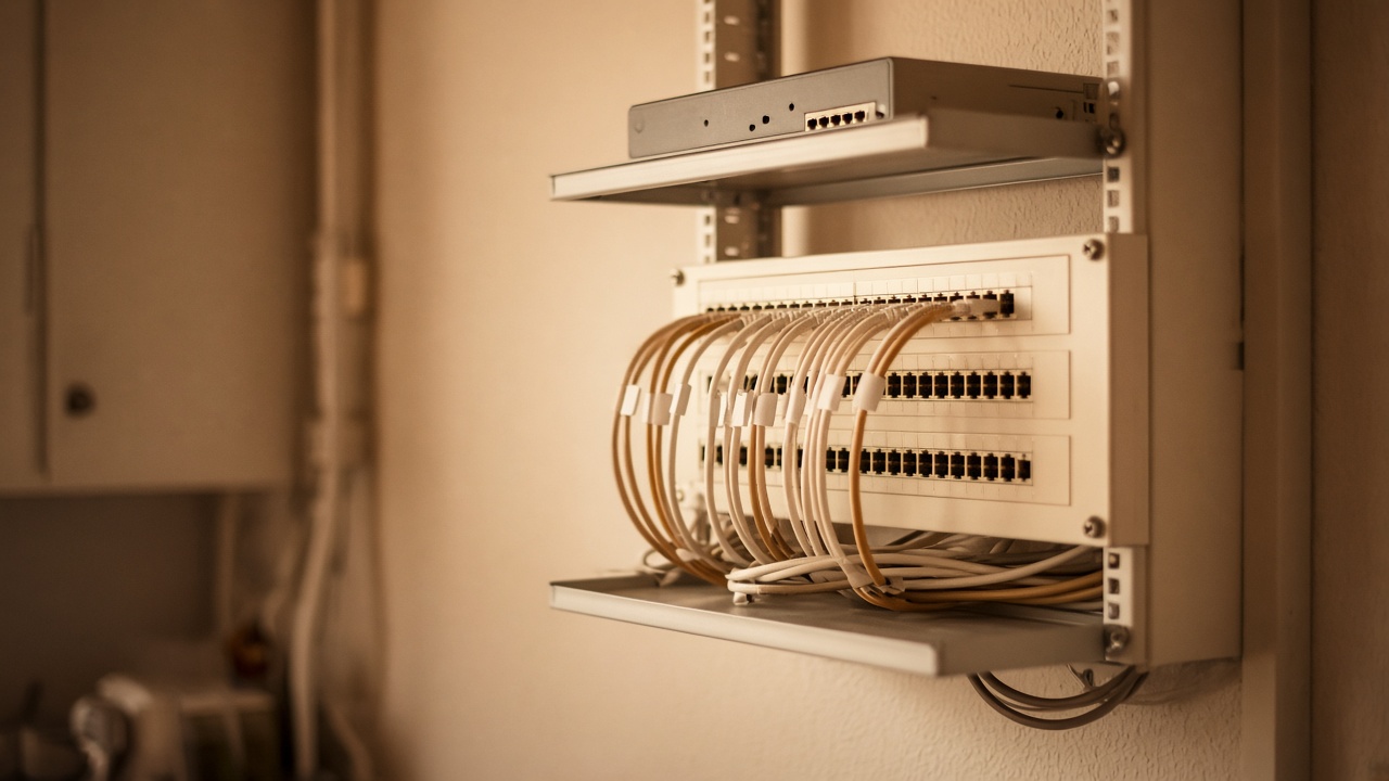 Wall-mounted network rack with labeled patch cables