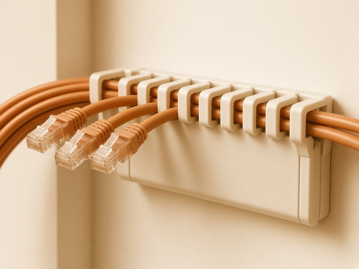 Orange ethernet cables organized in a wall-mounted cable manager